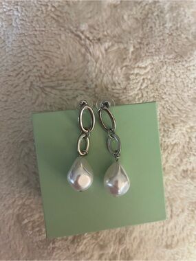 Erica Lyons Silver Link Drop Earrings with White Pearl Teardrops